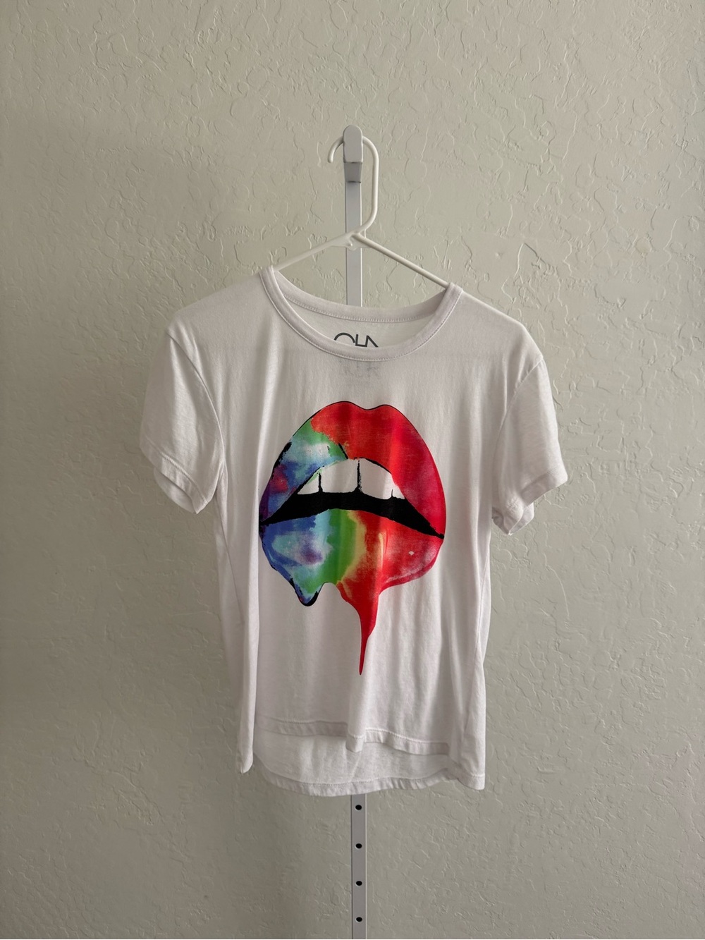 White Graphic Tee with Rainbow Dripping Lips
